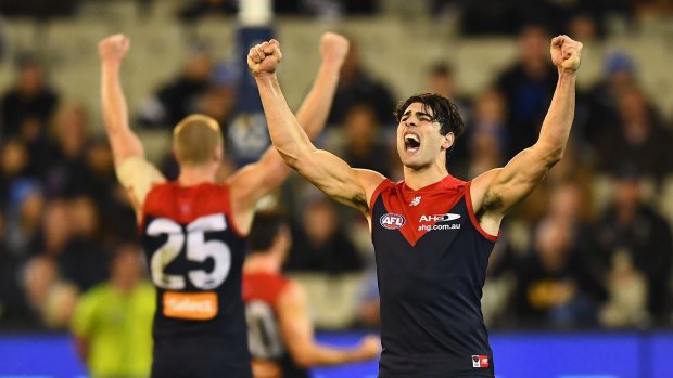 Tom McDonald and Christian Petracca celebrate winning the Queen's Birthday stunner. 