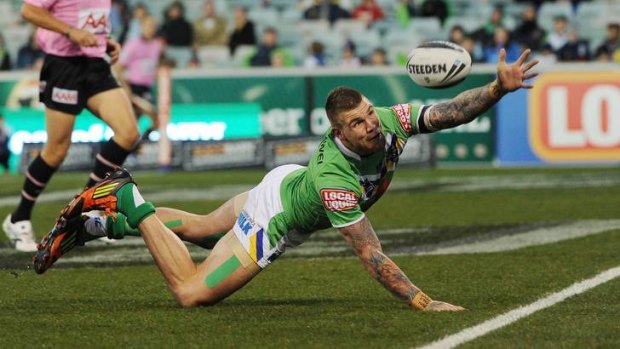 Josh Dugan just fails to ground the ball for a try.