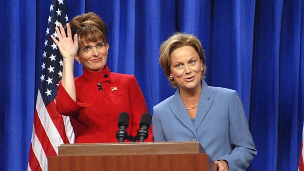 Double act ... Tina Fey and her good friend Amy Poehler as Sarah Palin and Hillary Clinton on SNL.