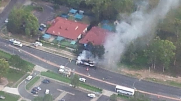A bus on fire at Crest Road, Park Ridge.
