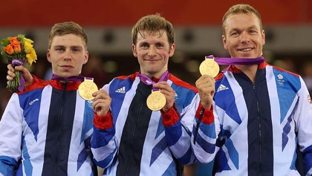 Winners ... Philip Hindes, Jason Kenny and Sir Chris Hoy.