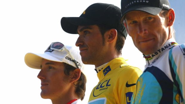 Before the fall: Andy Schleck (left), with Alberto Contador (centre) and Lance Armstrong in 2009.