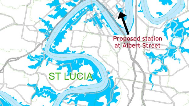 A map of how the flood affected Brisbane in January shows two cross-river rail stations in the flooded area.