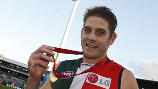 Aaron Sandilands celebrates winning the Ross Glendinning medal for best on ground in the last Western Derby.