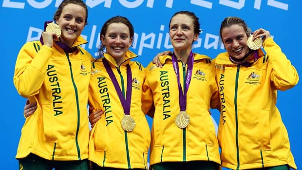 Ellie Cole, Katherine Downie, Annabelle Williams and Jacqueline Freney of Australia  pose on the podium.