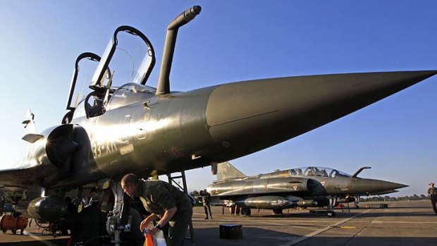 A French Mirage 2000 fighter jet at the military air base of Solenzara, on the Mediterranean island of Corsica, where France is running its military operation against Libya.