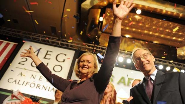 Claiming their first victory ... Meg Whitman and her husband Griffith Harsh celebrate becoming the Republican candidate for governor of California.