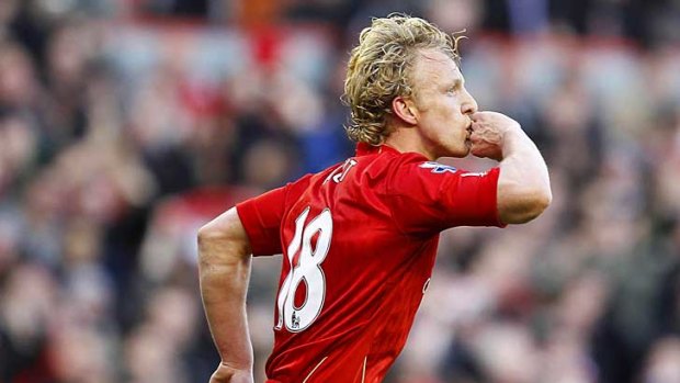 Liverpool's Dirk Kuyt celebrates scoring the winner against Manchester United in their FA Cup clash at Anfield.
