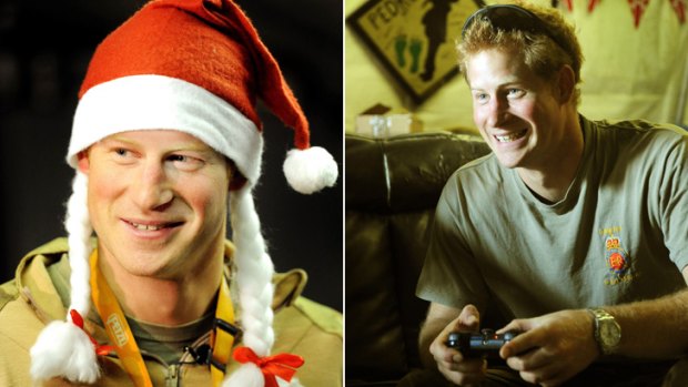 'Too much army, not enough prince' ... The young royal plays video games at Camp Bastion in Helmand Province, right, and dons a Santa hat while showing a TV crew around his sleeping quarters, left.