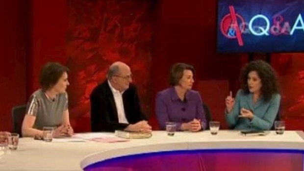 Annabel Crabb addressing fellow panelists Anna Bligh and Peter Reith, alongside host Virginia Trioli.