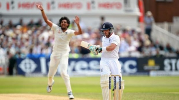 India paceman Ishant Sharma dismisses England's Ian Bell during the second session of play on day three of the first Test.