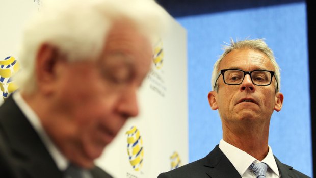 I'm the man: Frank Lowy announces the appointment of David Gallop as Football Federation Australia chief executive.