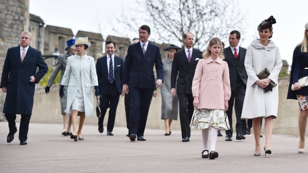 The British royal family, Prince Andrew on the far left, going to church on Easter Sunday.