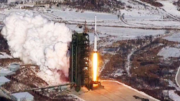 A video grab from KCNA shows the Unha-3 rocket launching at North Korea's West Sea Satellite Launch Site.