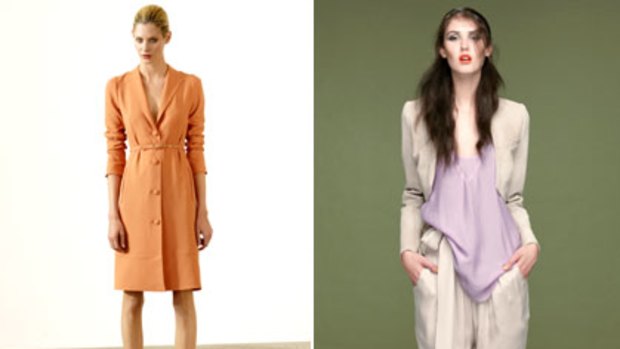 Wool crepe coat dress, $950, Yeojin Bae (03) 9529 2250 and Labyrinth tank, $325, pants, $319, and jacket, $569, Ginger & Smart (02)9380 9966.