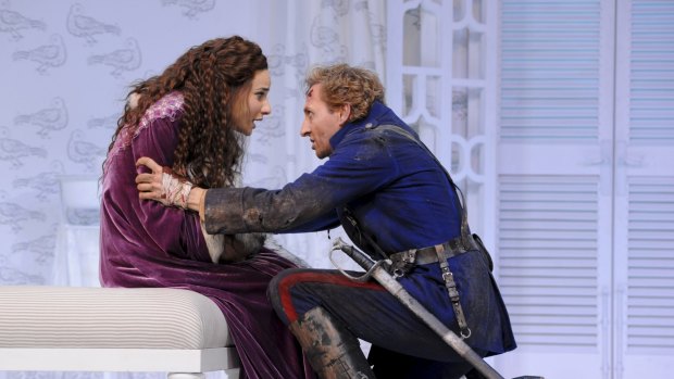 Andrea Demetriades and Mitchell Butel in Sydney Theatre Company's Arms and the Man. 
