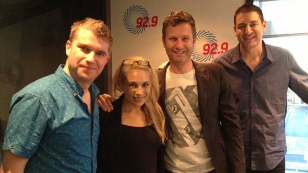 Lisa Fernandez with Adam Hills (second from right) and 92.9's breakfast co-hosts Paul Hogan and Basil Zempilas