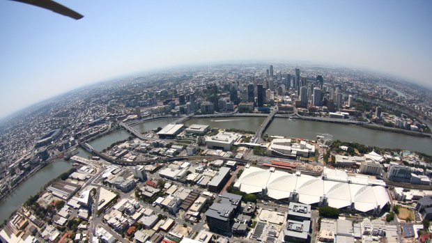 An aerial view of Brisbane from the South Bank side of the river.