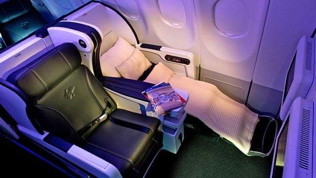 Virgin Australia's domestic A330 business class seats are are good fun to ride with lots of angles, alignments, foot rest and lumbar support choices, all the way to the lie-flat bed, which at eight degrees is not quite horizontal but certainly nap-worthy.