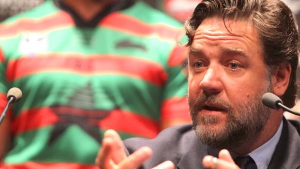 Russell Crowe announces the Star City sponsorship of South Sydney this morning.