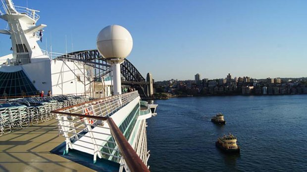 Cruise giant ... the Voyager of the Seas is back in Sydney.