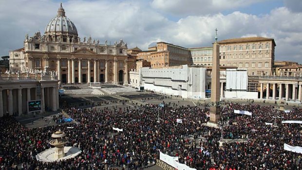 Under blue skies ... the Pope delivers his final Sunday blessing to the thousands of pilgrims gathered in Saint Peter's Square, Vatican City.