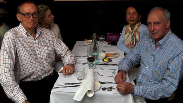 Bob Carr, Paul Keating and his partner, Julieanne Newbould, second left, and Mr Carr's wife, Helena, at a Potts Point restaurant yesterday.
