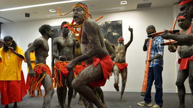 Members of the Wadeye community dance in the Arnold Bloch Leibler office.