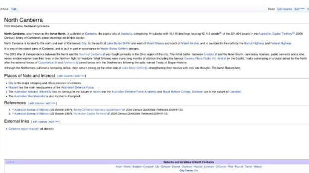 North Canberra's Wikipedia page was edited in a creative manner on Tuesday.