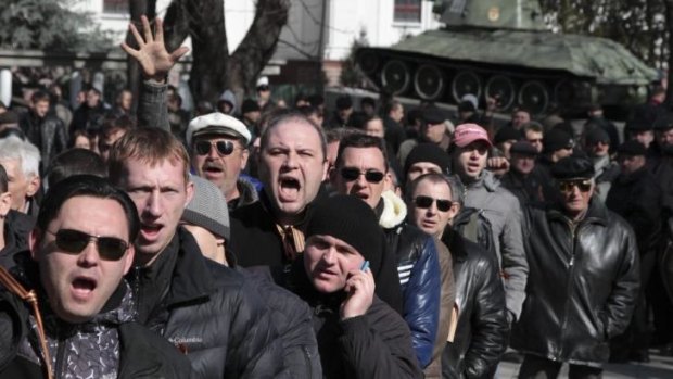 Pro-Russian activists gather in Crimea on Sunday.