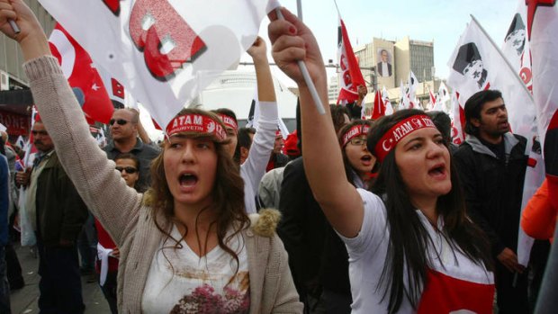 Marchers protested against the Islamic tendencies of the government of Recep Tayyip Erdogan.