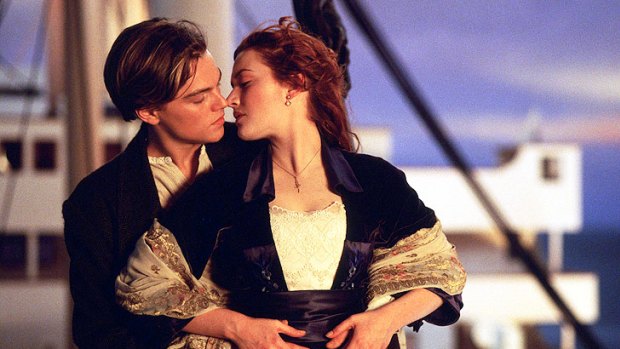 Leonardo DiCaprio and Kate Winslet in a scene from <i>Titanic</i>.