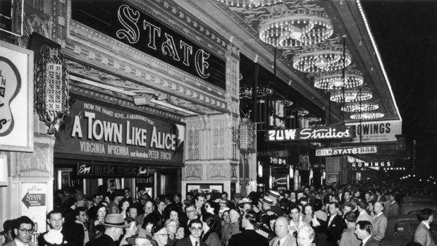 Queues gather outside the theatre in Market Street to watch the Australian film A Town Like Alice in the 1950s.