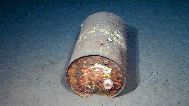 Oil drum located 2892m down, in the Monterey Canyon. Source: MBARI.