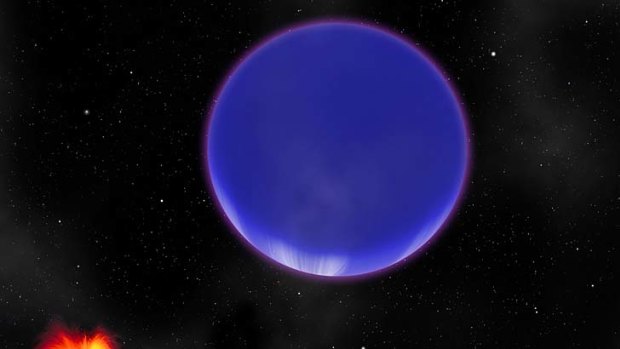 An artist's conception of a "hot Neptune" known as Kepler-36c as it looms in the sky of its neighbor, the rocky world Kepler-36b.