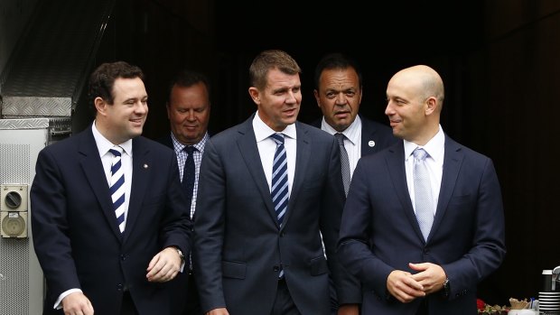 Sports Minister Stuart Ayres, former premier Mike Baird and the NRL's Todd Greenberg at the 2016 announcement of the redevelopment of ANZ Stadium.