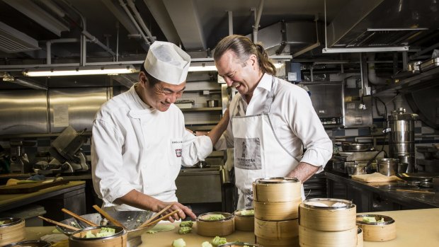 Dumpling master Fong Li Hing (left) with chef Neil Perry.