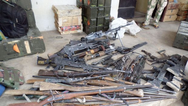 A cache of weapons that Nigeria's military recovered from Boko Haram terrorists in northeastern Nigeria earlier this year. 