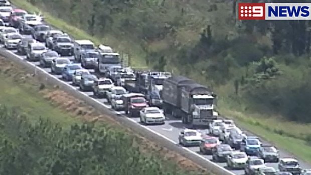 Southboud traffic backs up on the Bruce Highway at the Sunshine Coast.