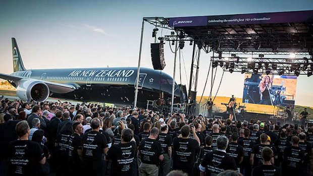 American country music group The Band Perry plays at the handover ceremony for the first Boeing 787-9 Dreamliner to Air New Zealand.
