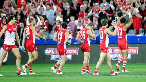 Proving the can overcome hoodoos ... Sydney players rejoice after finally defeating Collingwood and ending an 11-match losing run to the side on Friday night.