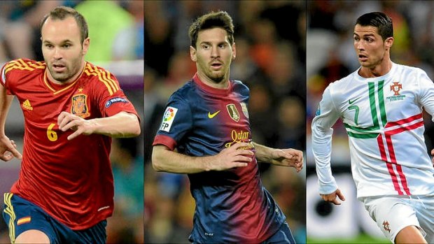 The three nominees ... Barcelona's midfielder Spanish Andres Iniesta (L), Barcelona's Argentinian forward Lionel Messi (C) and Real Madrid's Portuguese forward Cristiano Ronaldo.