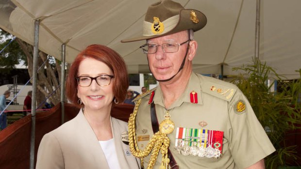 Julia Gillard with General David Hurley in Cairns at the first memorial service at the Avenue of Honour.