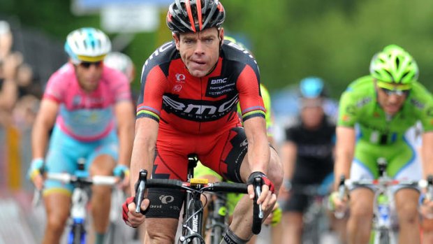 Grit: Cadel Evans finishes fifth in the Giro's 170km ninth stage.