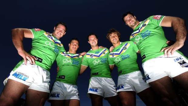 Brett White says Canberra's forward pack will need to watch the Storm's second-phase offloads tomorrow night. White (left) is pictured with (l-r) Bronson Harrison, Dane Tilse, Tom Learoyd-Lahrs and David Shillington.