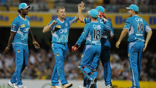 Brisbane Heat celebrates a wicket against the Stars.