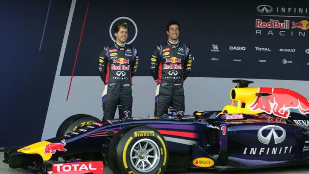 Halo, I must be winning: Sebastian Vettel and Daniel Ricciardo unveil the RB10 car at Jerez.