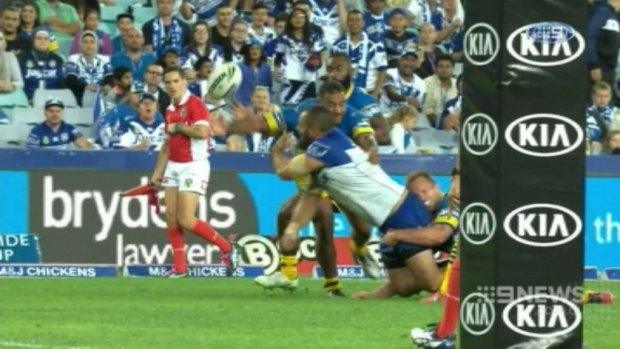 Forward or not? The contentious pass Sam Kasiano threw against the Eels.