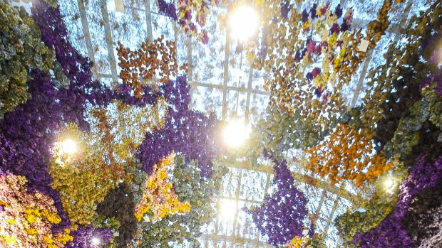 Rebecca Louise Law's 'Vision of The Canopy', a permanent inverted garden of 150,000 preserved flowers at Eastland.