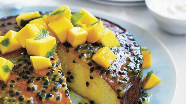 Passionfruit syrup cake with mango salsa.